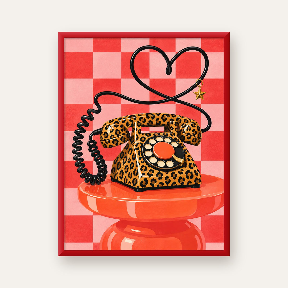 Leopar Retro Telefon — kırmızı çerçeveli