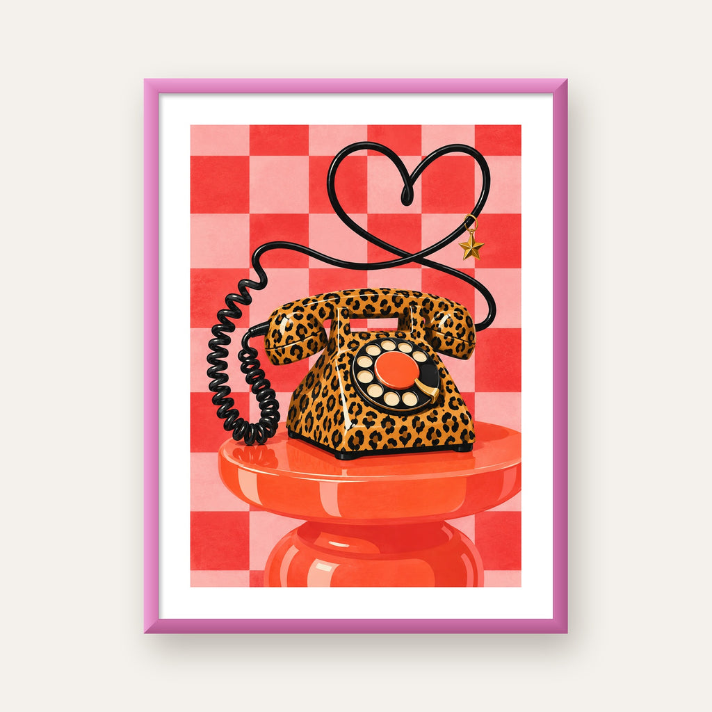 Leopar Retro Telefon — pembe çerçeveli paspartulu
