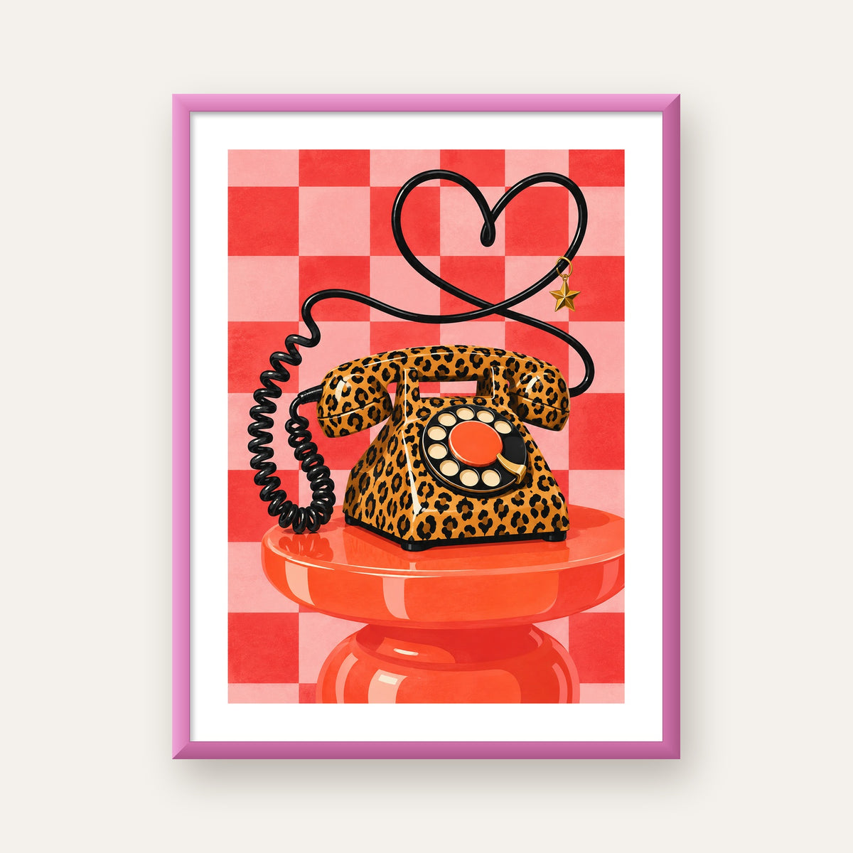 Leopar Retro Telefon — pembe çerçeveli paspartulu