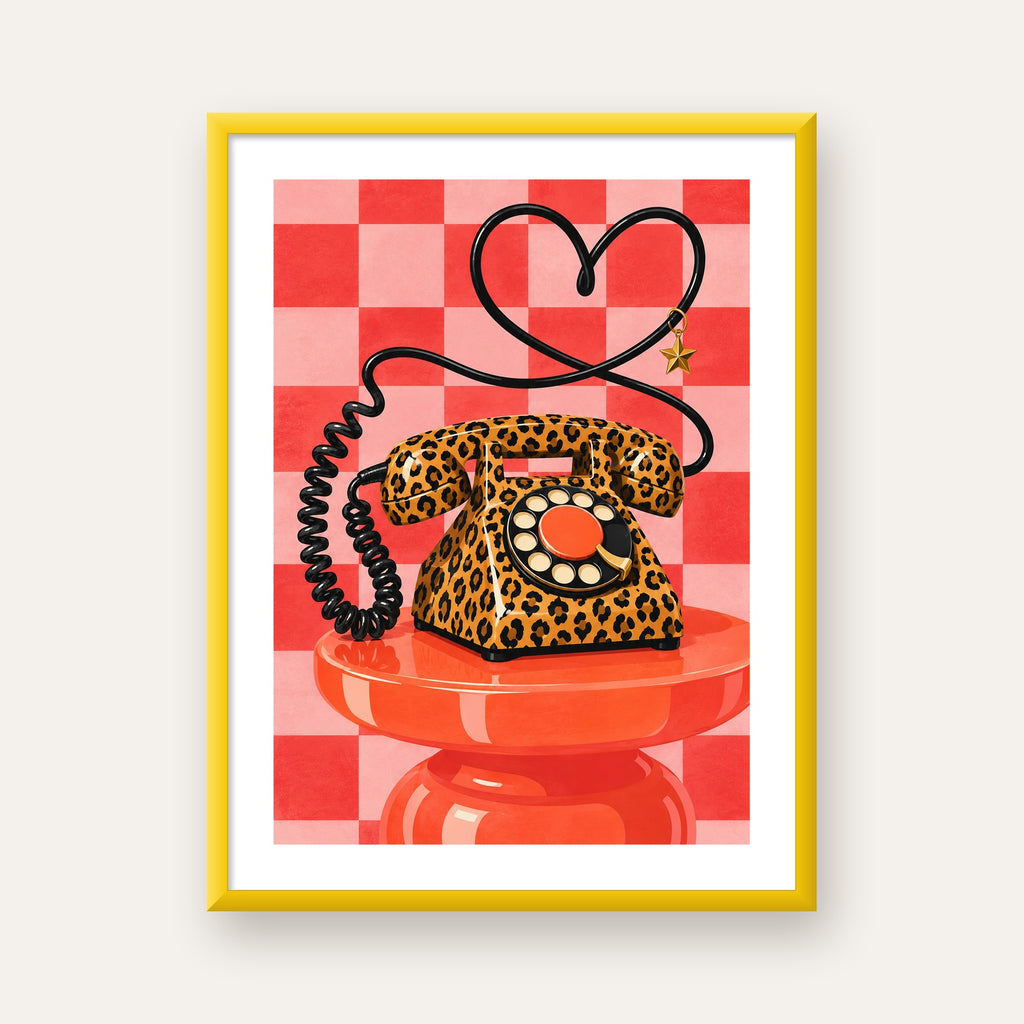 Leopar Retro Telefon — sarı çerçeveli paspartulu