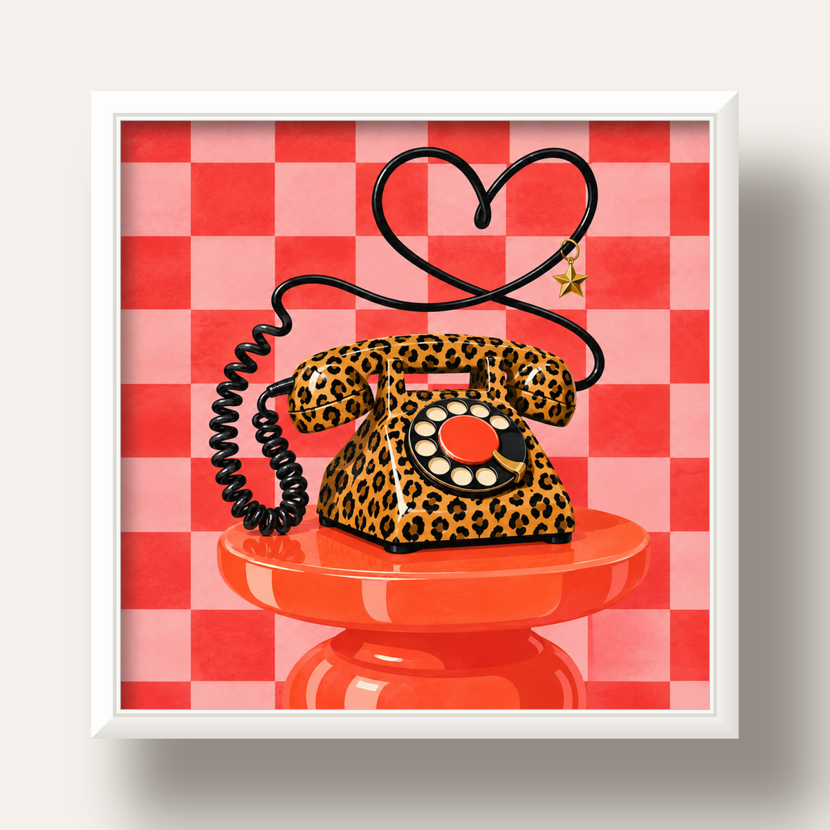 Leopar Retro Telefon — beyaz derin çerçeveli