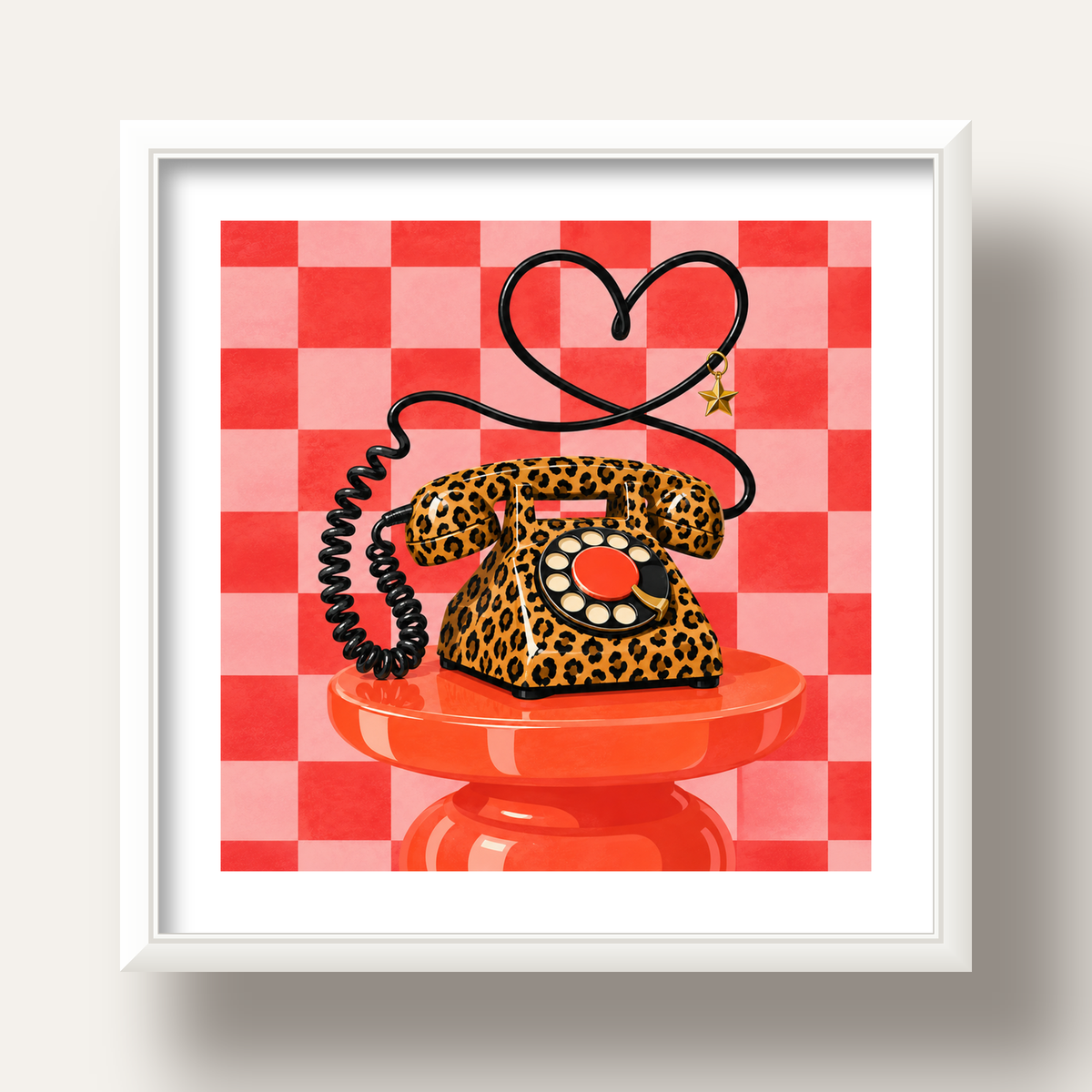Leopar Retro Telefon — beyaz derin çerçeveli paspartulu