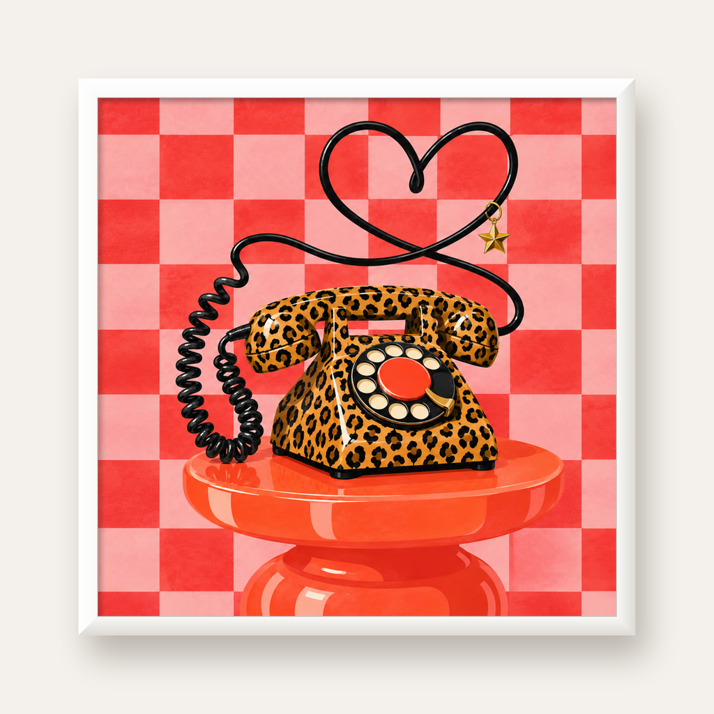 Leopar Retro Telefon — beyaz çerçeveli kare poster