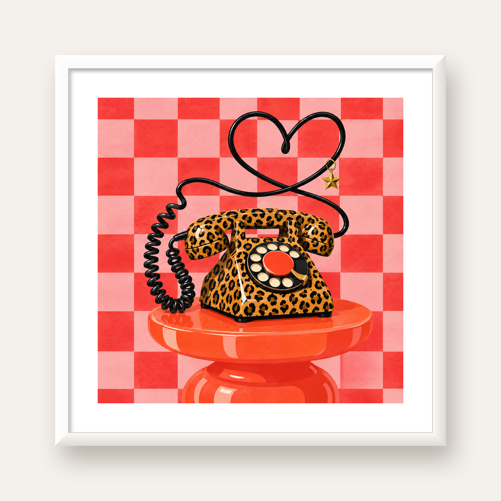 Leopar Retro Telefon — beyaz çerçeveli kare poster