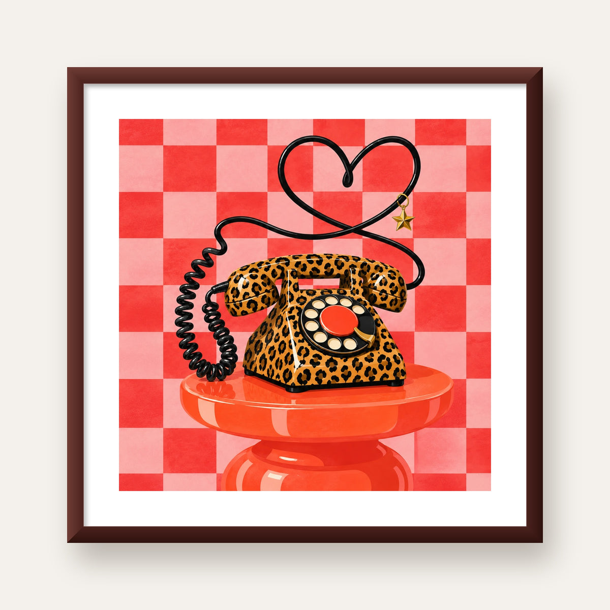 Leopar Retro Telefon — ceviz çerçeveli paspartulu