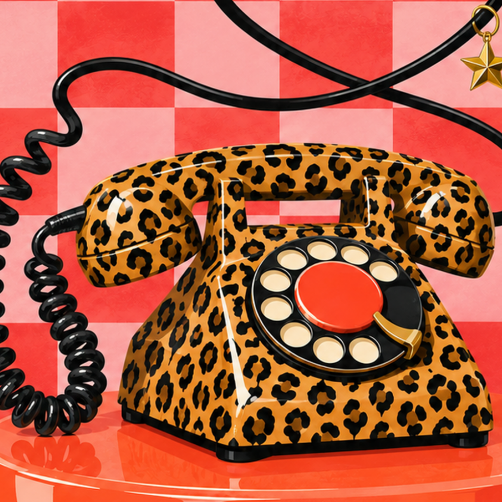 Leopar Desenli Retro Telefon Poster – Renkli Dijital İllüstrasyon — baskının yakın çekimi, kâğıt dokusu ve renk detayı