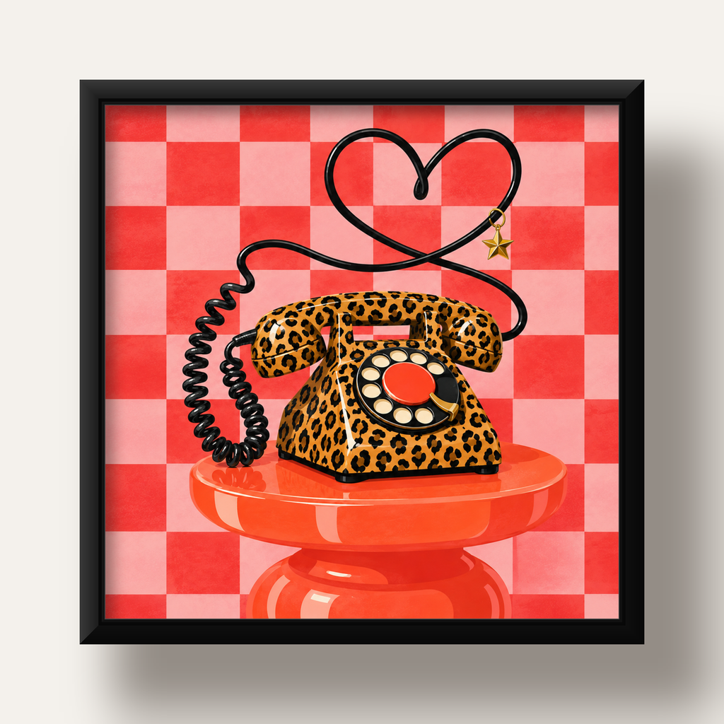 Leopar Retro Telefon — siyah derin çerçeveli