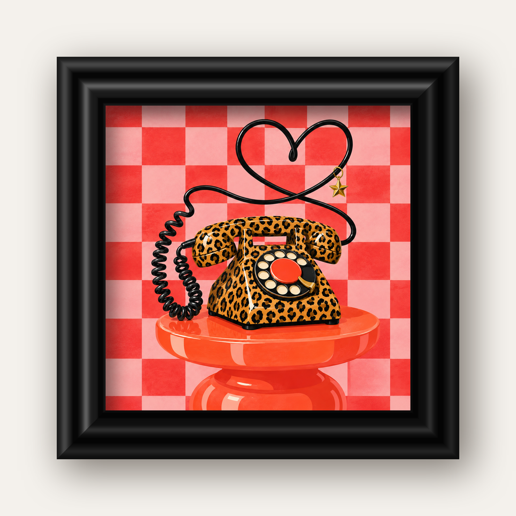Leopar Retro Telefon — siyah galeri çerçeveli