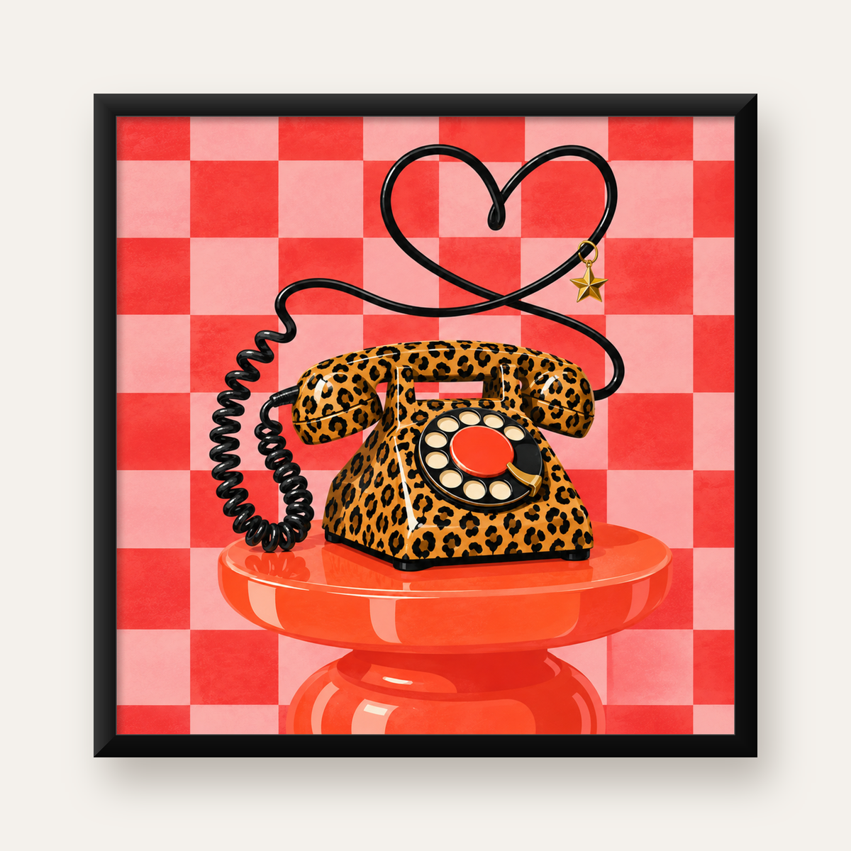 Leopar Desenli Retro Telefon Poster – Renkli Dijital İllüstrasyon — Kare baskı, düz siyah çerçeveli duvar posteri