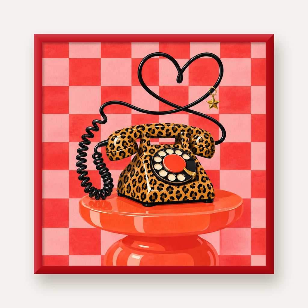Leopar Retro Telefon — kırmızı çerçeveli