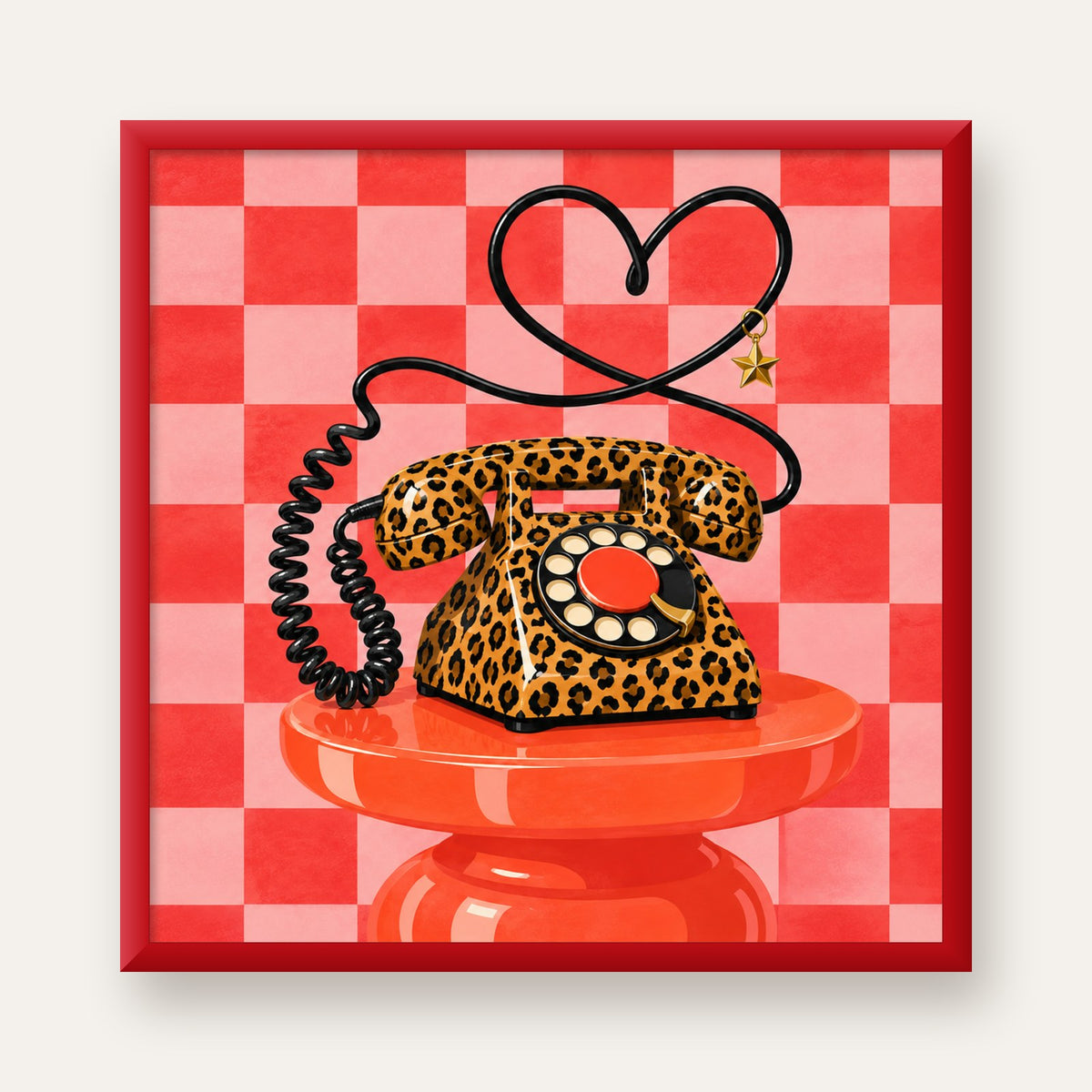 Leopar Retro Telefon — kırmızı çerçeveli