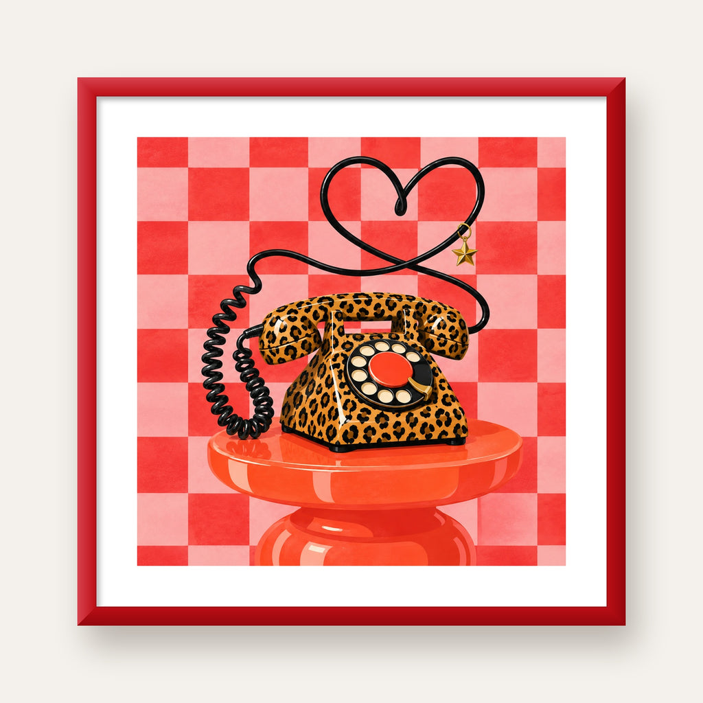 Leopar Retro Telefon — kırmızı çerçeveli paspartulu
