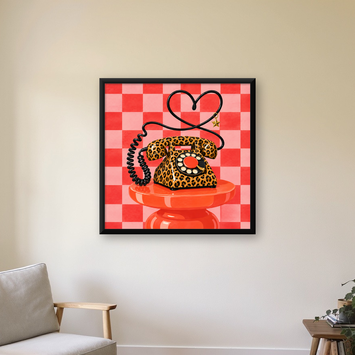 Leopar Desenli Retro Telefon Poster – Renkli Dijital İllüstrasyon — Kare baskı, çerçeveli hâliyle bir ev duvarında