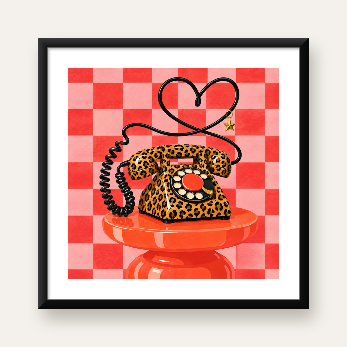 Leopar Desenli Retro Telefon Poster – Renkli Dijital İllüstrasyon — Kare baskı, beyaz kenar boşluklu