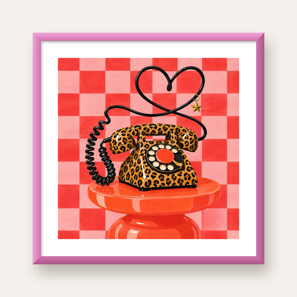 Leopar Retro Telefon — pembe çerçeveli paspartulu