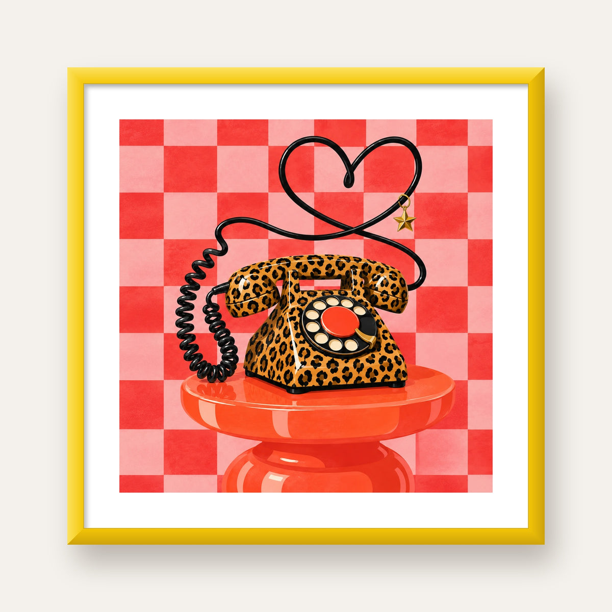 Leopar Retro Telefon — sarı çerçeveli paspartulu