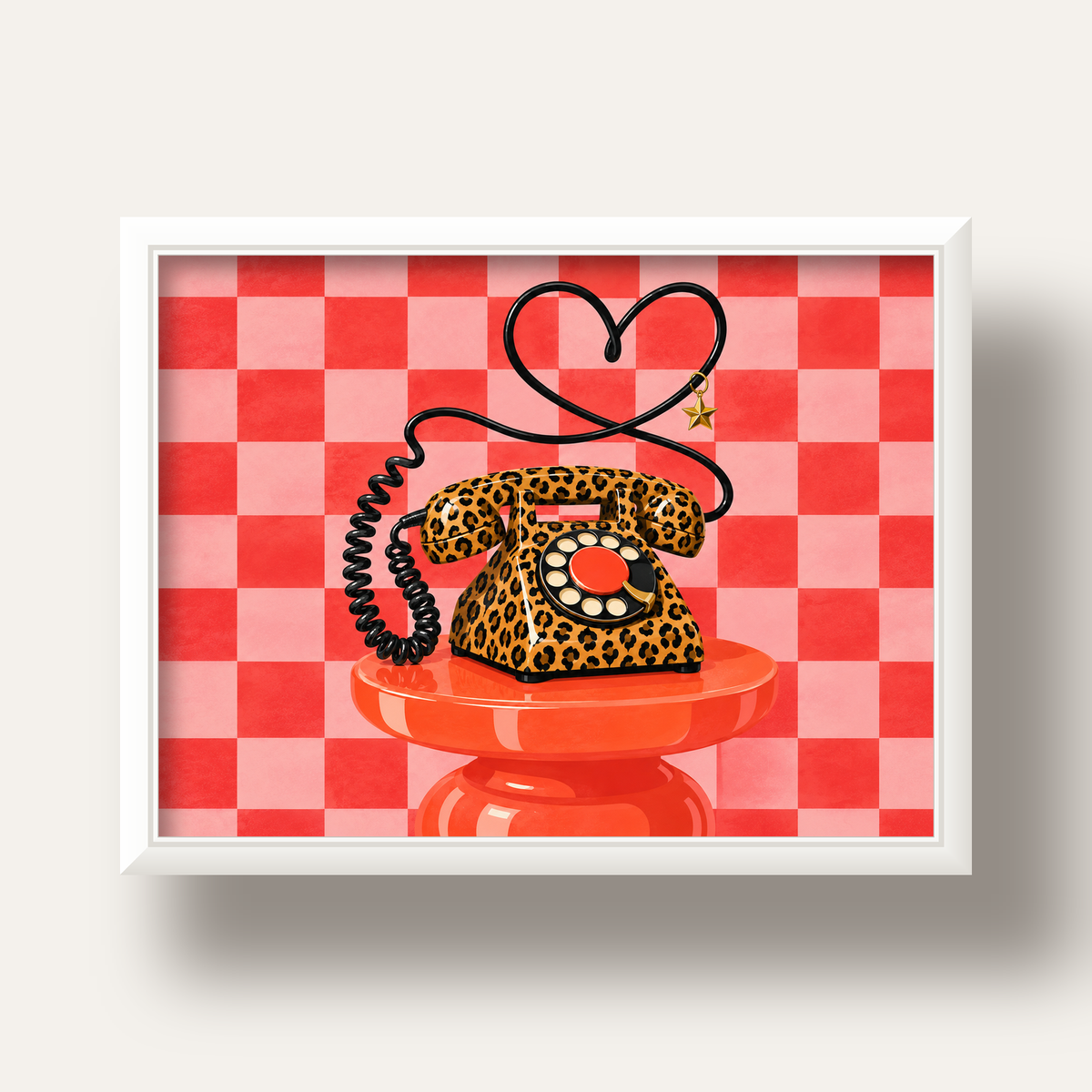 Leopar Retro Telefon — beyaz derin çerçeveli