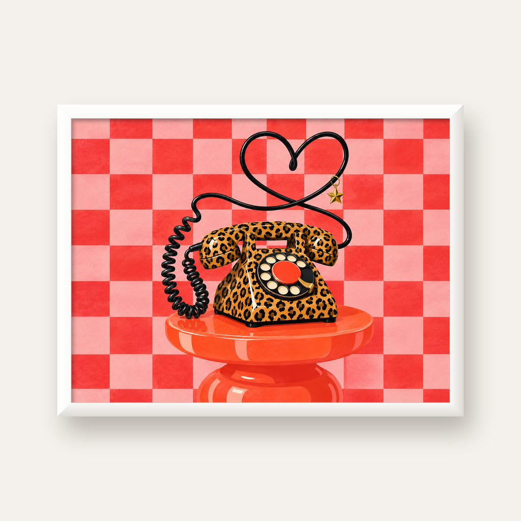 Leopar Retro Telefon — beyaz çerçeveli yatay poster