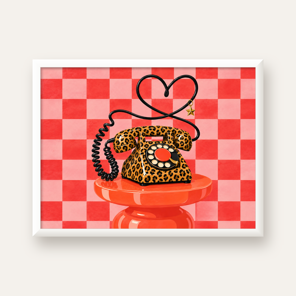 Leopar Retro Telefon — beyaz çerçeveli yatay poster