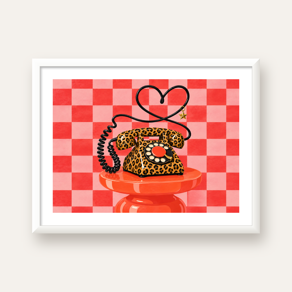 Leopar Retro Telefon — beyaz çerçeveli yatay poster