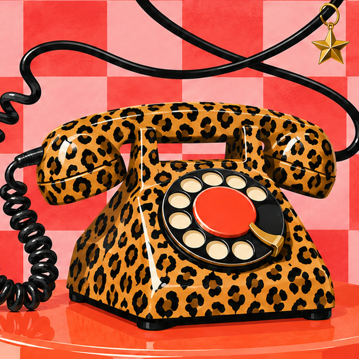 Leopar Desenli Retro Telefon Poster – Renkli Dijital İllüstrasyon — baskının yakın çekimi, kâğıt dokusu ve renk detayı