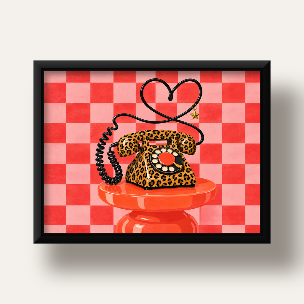 Leopar Retro Telefon — siyah derin çerçeveli