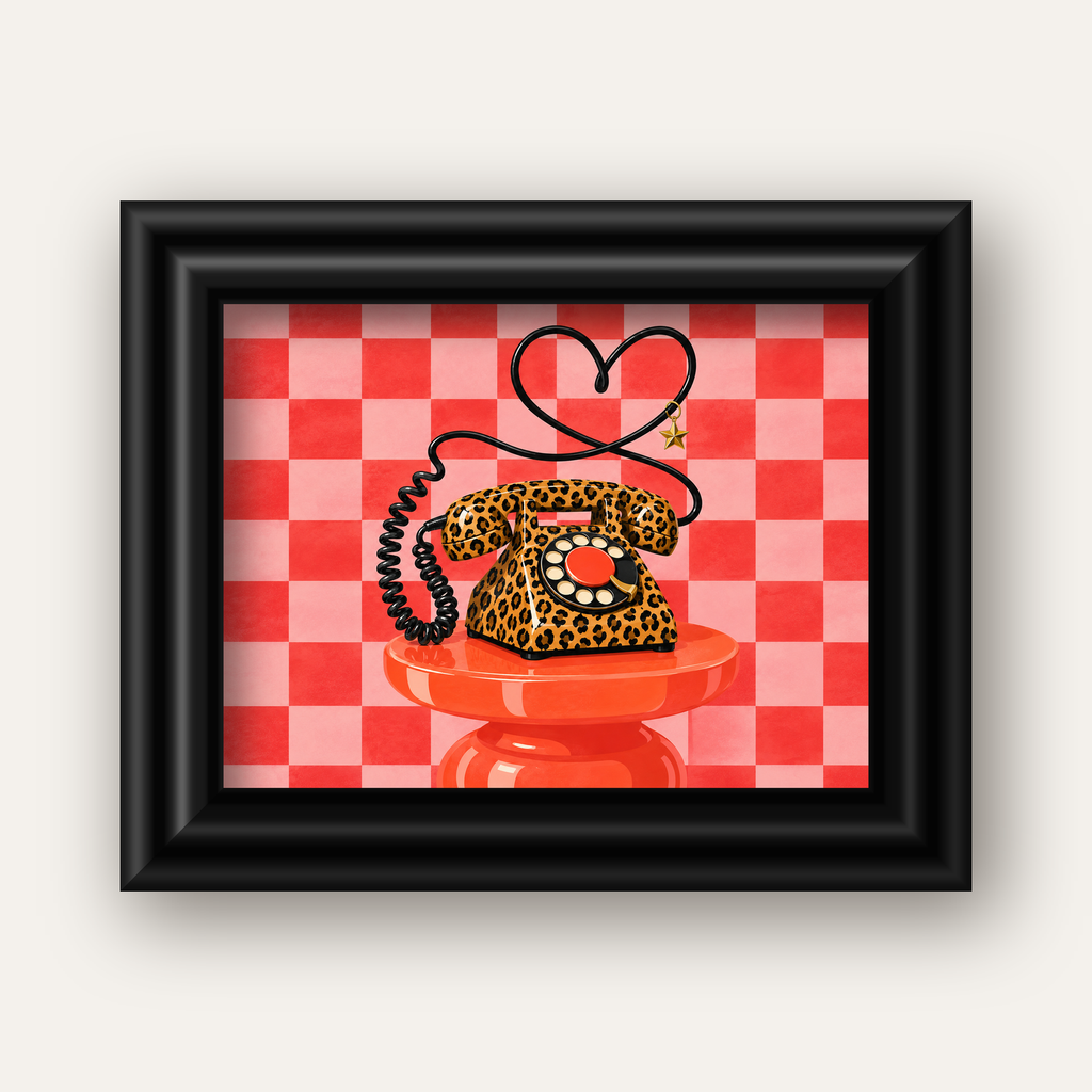 Leopar Retro Telefon — siyah galeri çerçeveli