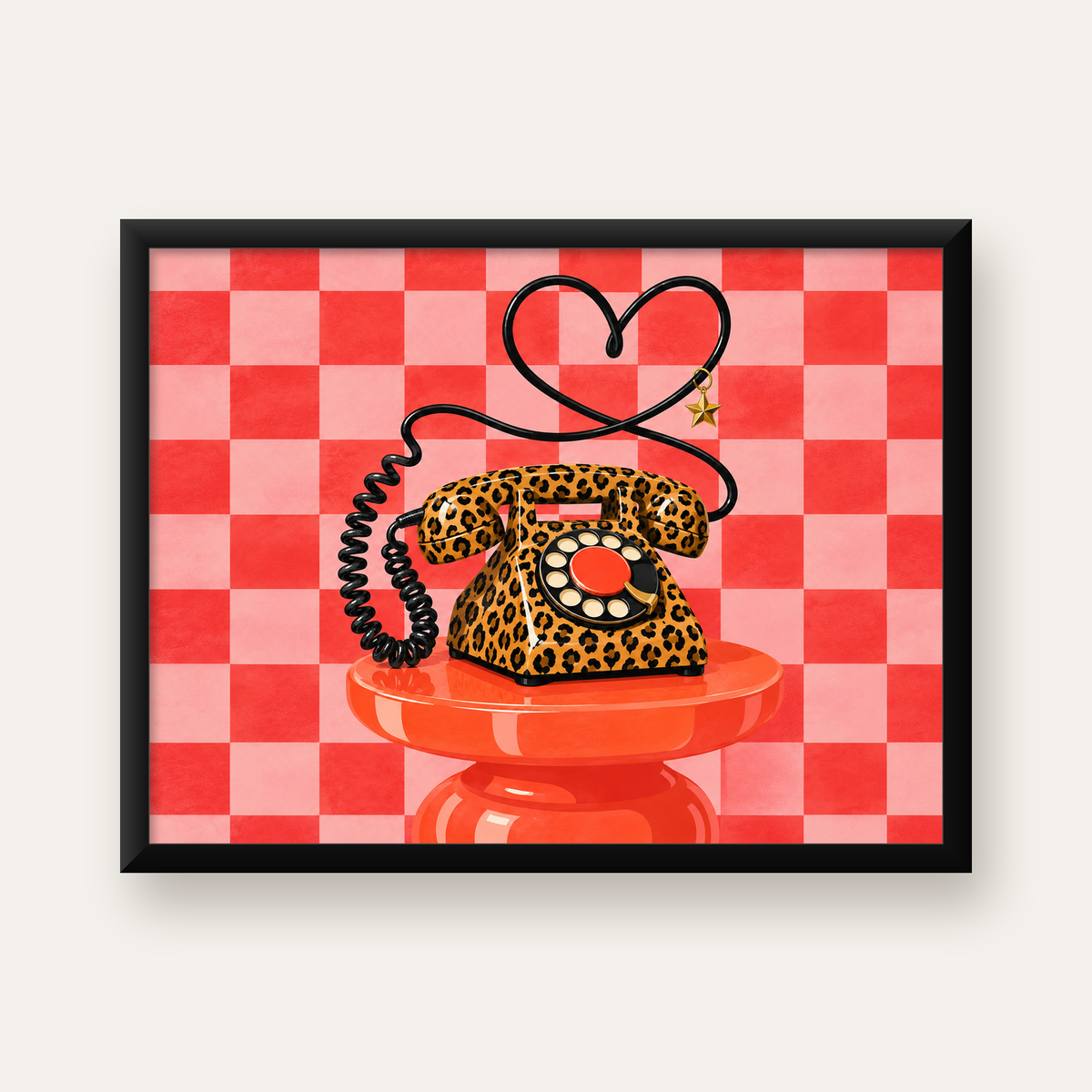 Leopar Desenli Retro Telefon Poster – Renkli Dijital İllüstrasyon — Yatay baskı, düz siyah çerçeveli duvar posteri
