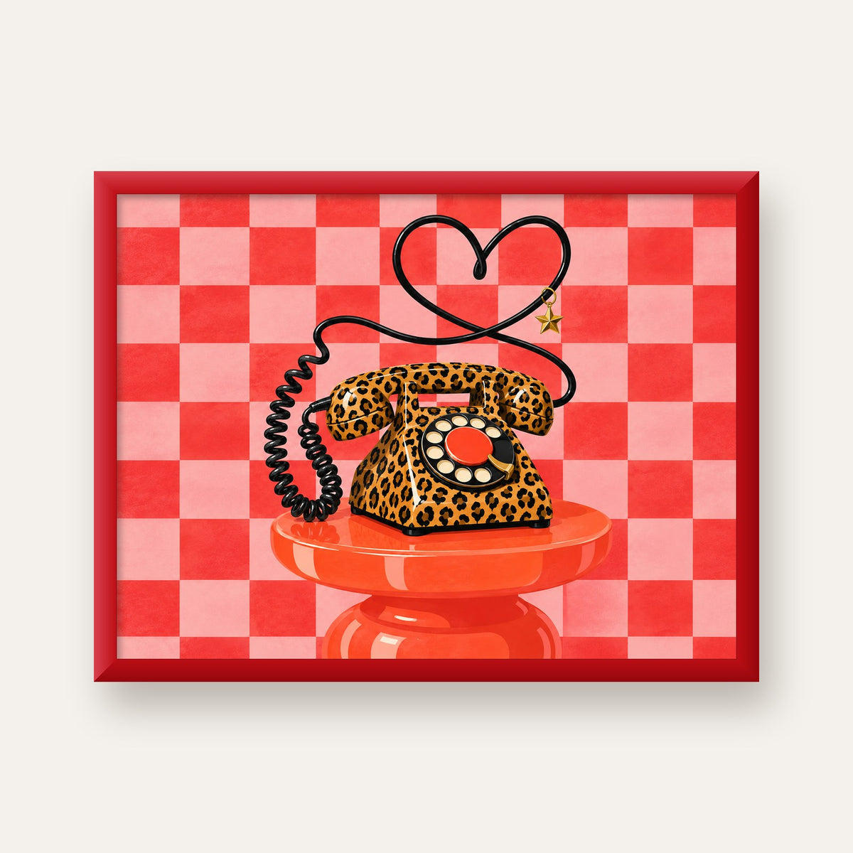 Leopar Retro Telefon — kırmızı çerçeveli