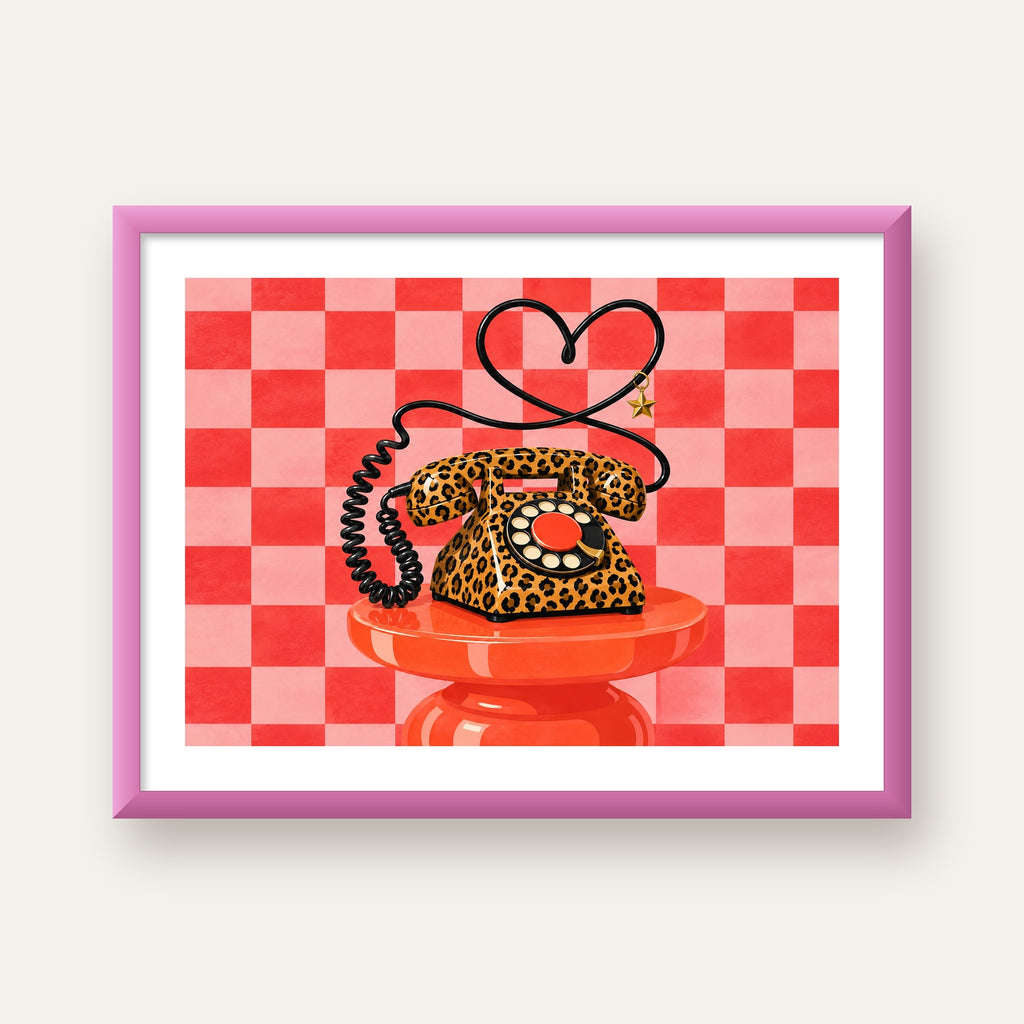 Leopar Retro Telefon — pembe çerçeveli paspartulu