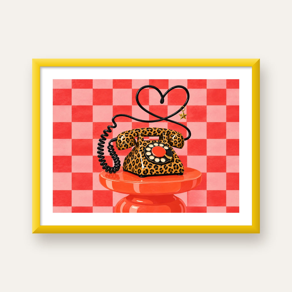 Leopar Retro Telefon — sarı çerçeveli paspartulu