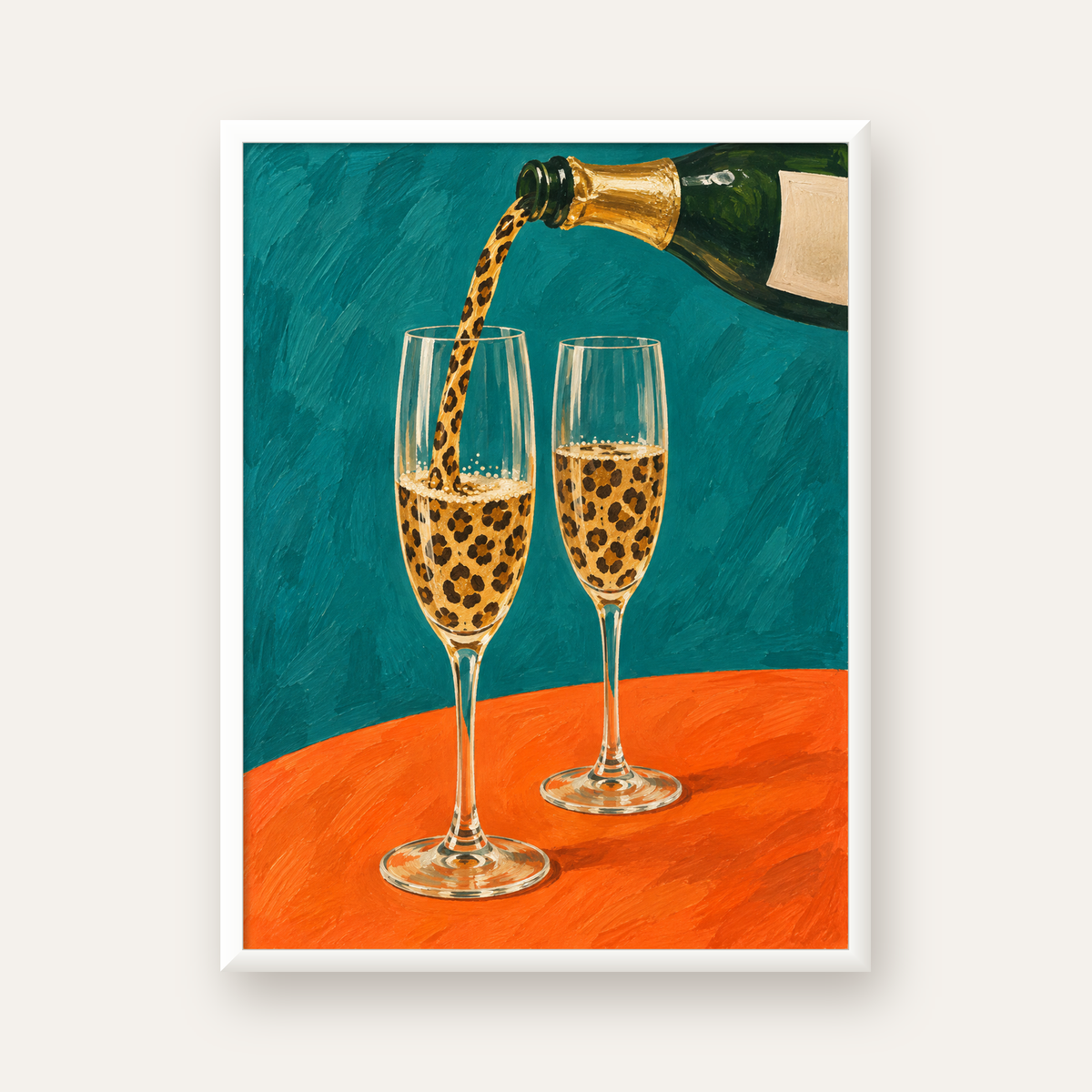 Leopar Desenli Şampanya Kadehleri Modern Poster Baskı — beyaz çerçeveli dikey poster
