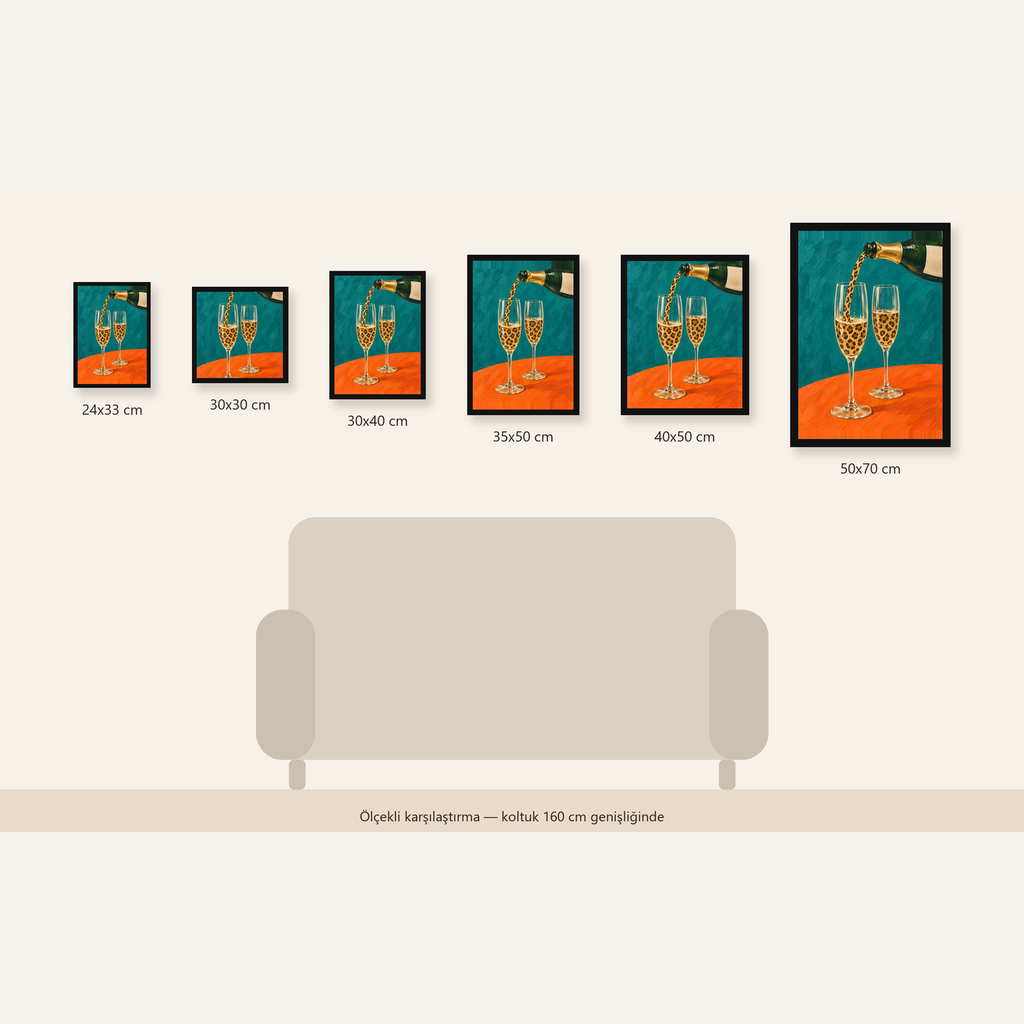 Leopar Desenli Şampanya Kadehleri Modern Poster Baskı — Dikey ölçülerinin karşılaştırması