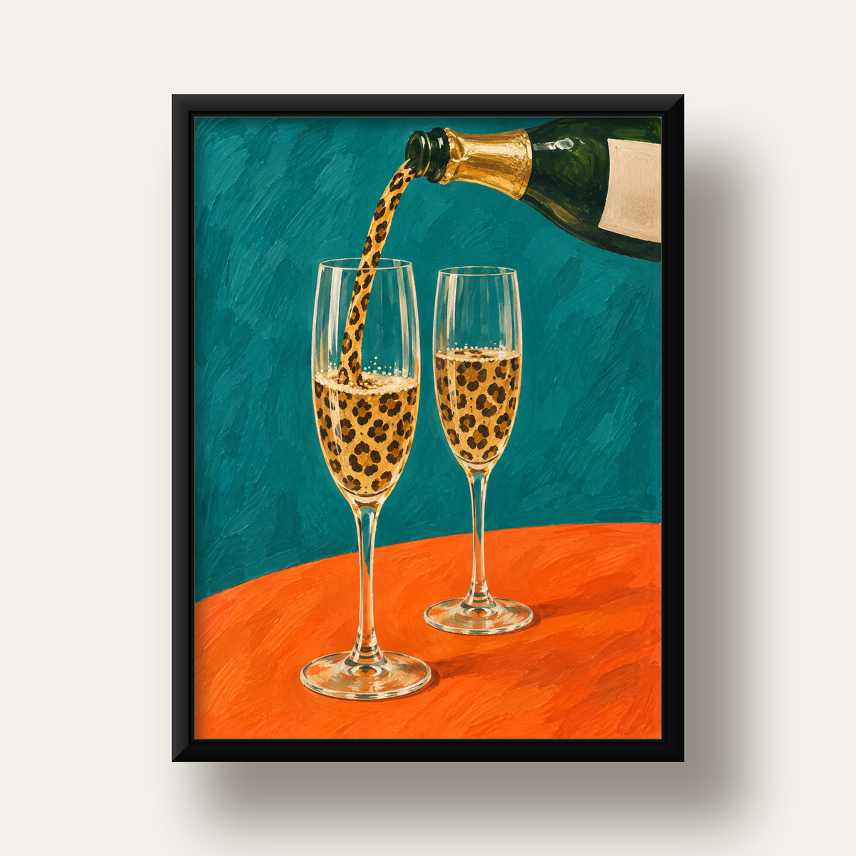 Leopar Desenli Şampanya Kadehleri Modern Poster Baskı — siyah derin çerçeveli