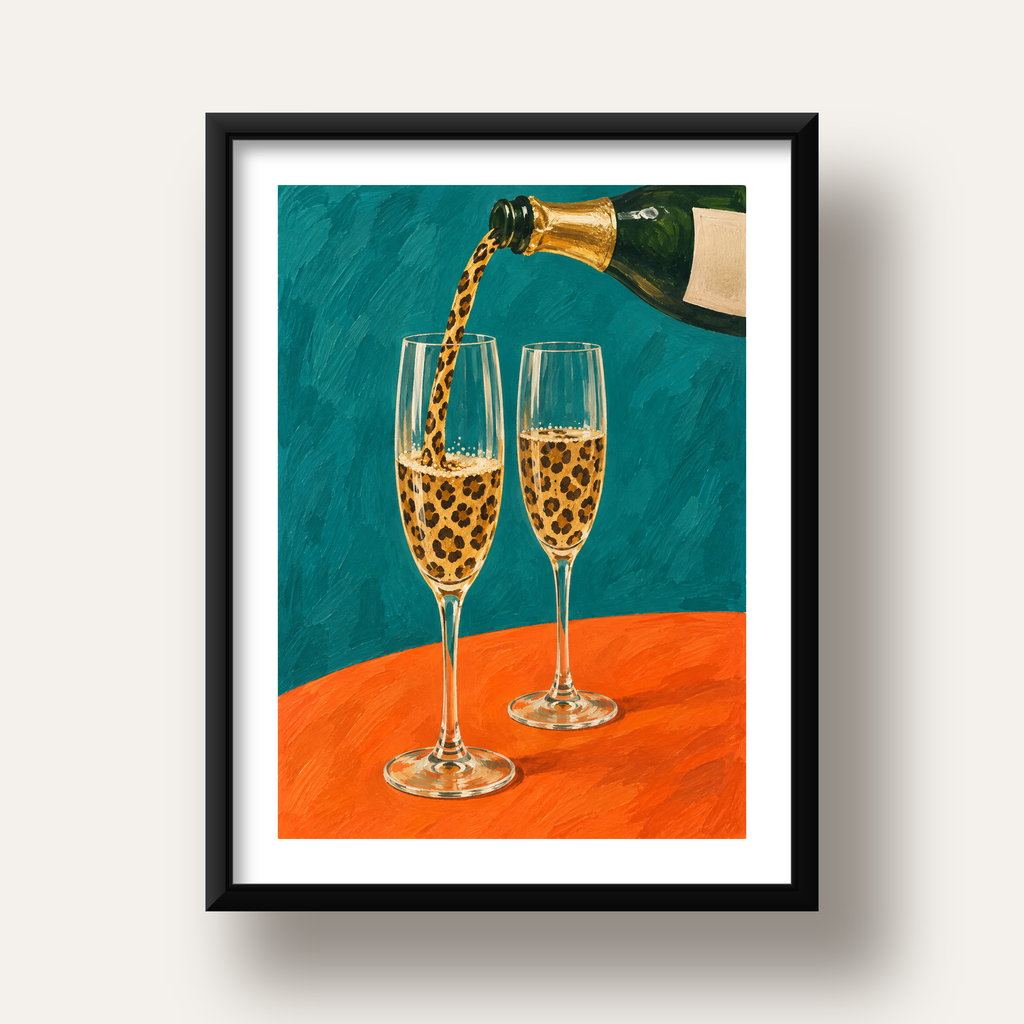Leopar Desenli Şampanya Kadehleri Modern Poster Baskı — siyah derin çerçeveli paspartulu