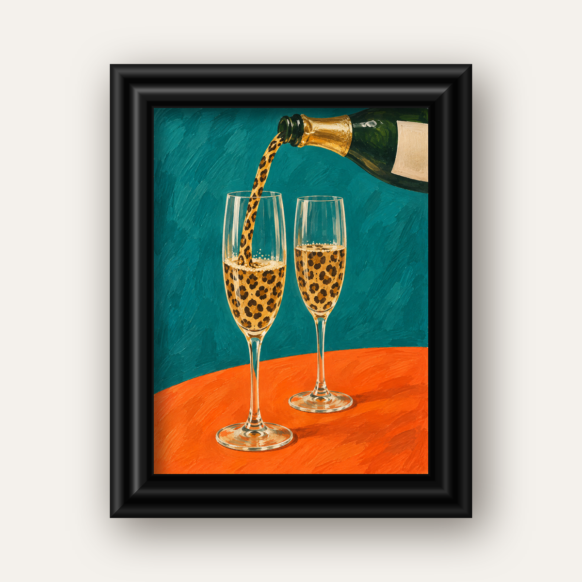 Leopar Desenli Şampanya Kadehleri Modern Poster Baskı — siyah galeri çerçeveli