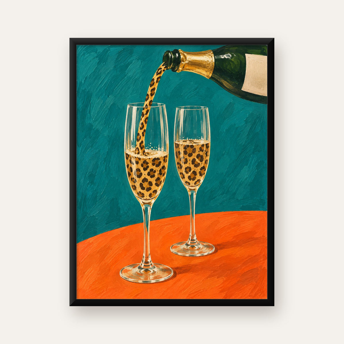 Leopar Desenli Şampanya Kadehleri Modern Poster Baskı — Dikey baskı, düz siyah çerçeveli duvar posteri