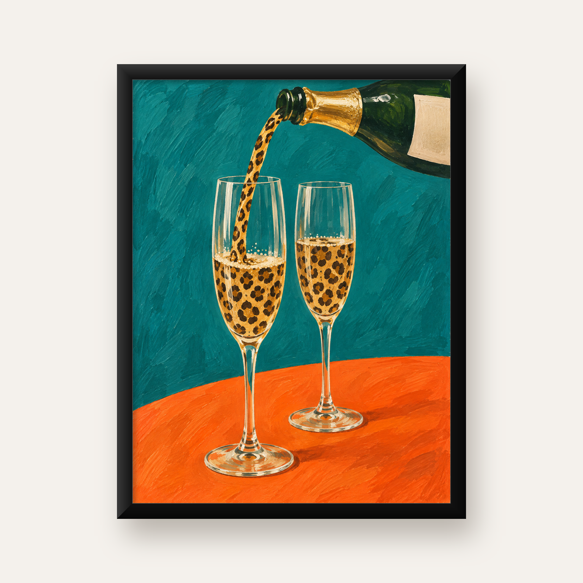 Leopar Desenli Şampanya Kadehleri Modern Poster Baskı — Dikey baskı, düz siyah çerçeveli duvar posteri