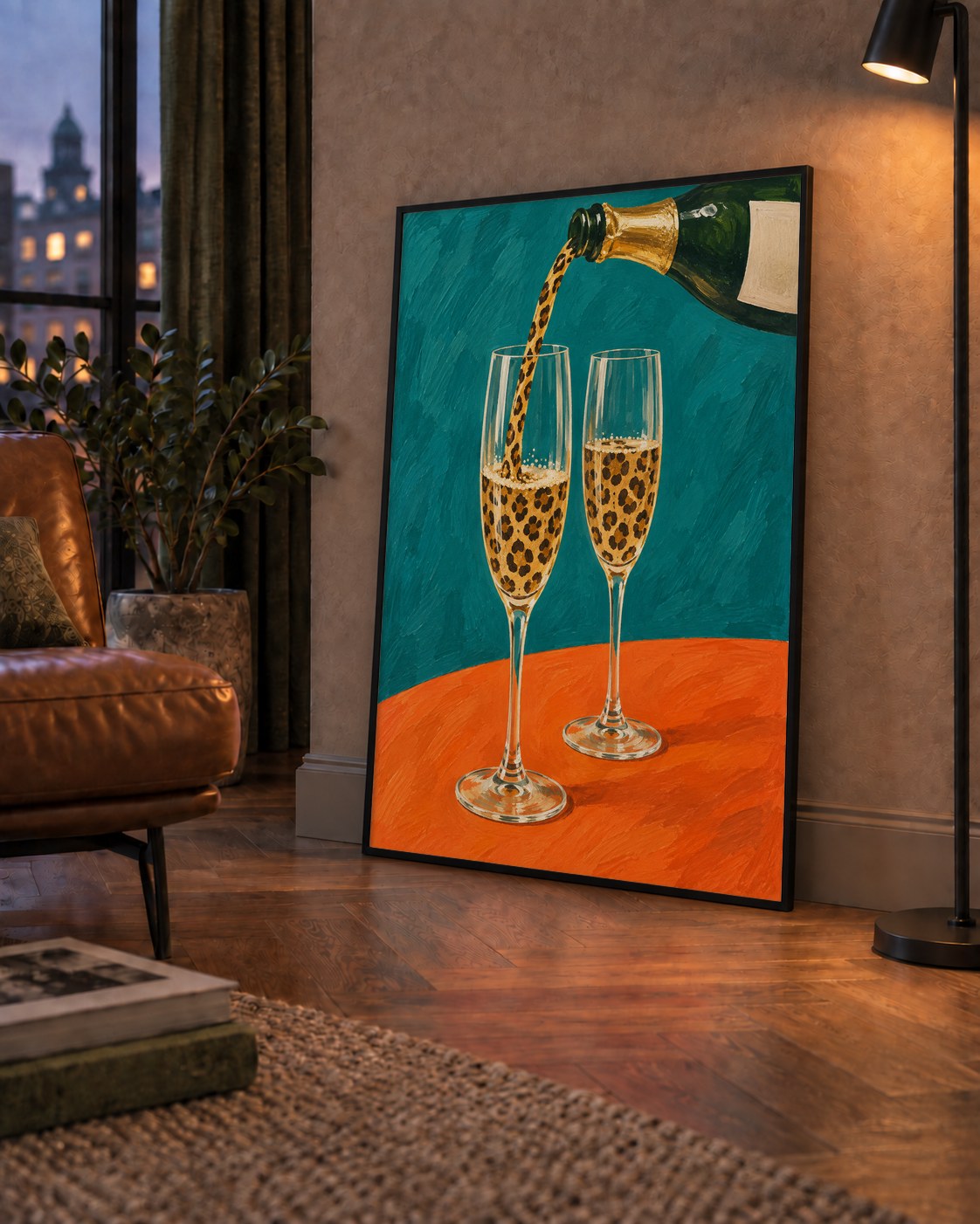 Leopar Desenli Şampanya Kadehleri Modern Poster Baskı — çerçeveli hâliyle bir ev duvarında
