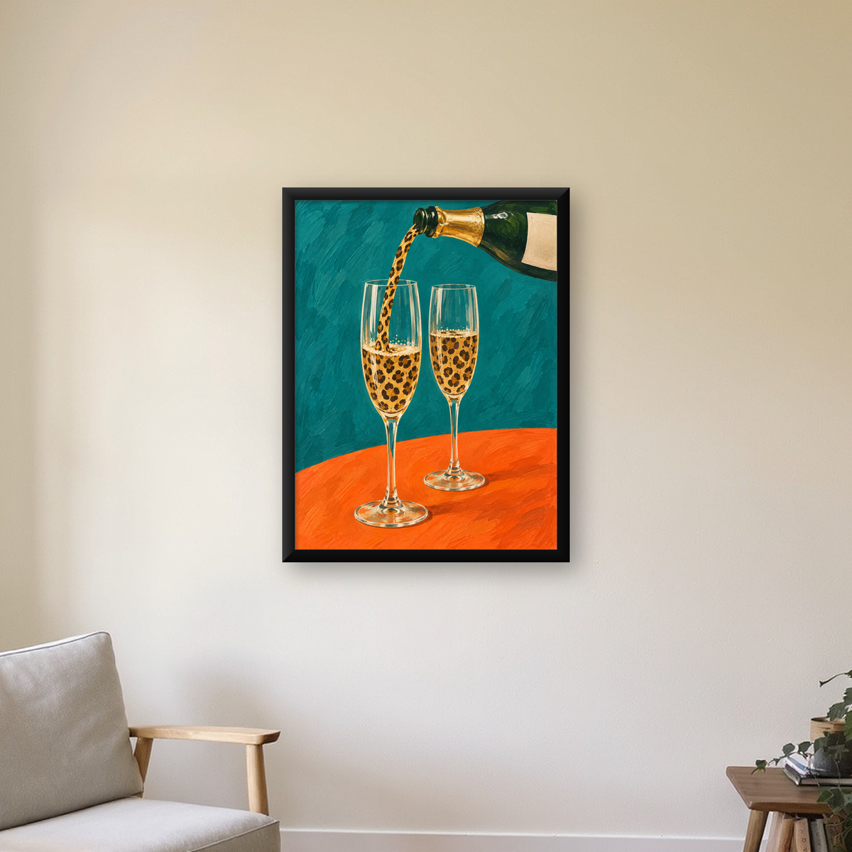 Leopar Desenli Şampanya Kadehleri Modern Poster Baskı — Dikey baskı, çerçeveli hâliyle bir ev duvarında