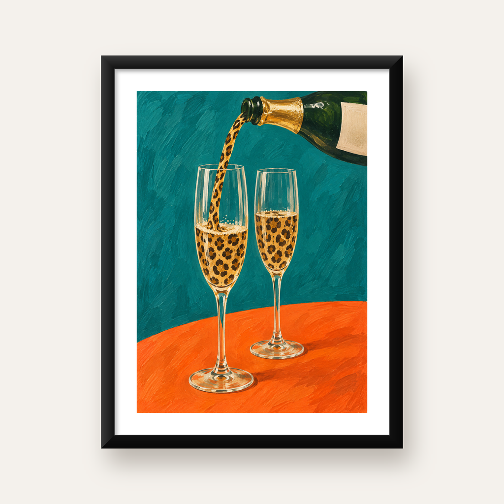 Leopar Desenli Şampanya Kadehleri Modern Poster Baskı — Dikey baskı, beyaz paspartulu