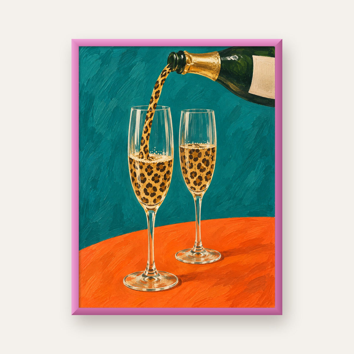 Leopar Desenli Şampanya Kadehleri Modern Poster Baskı — pembe çerçeveli