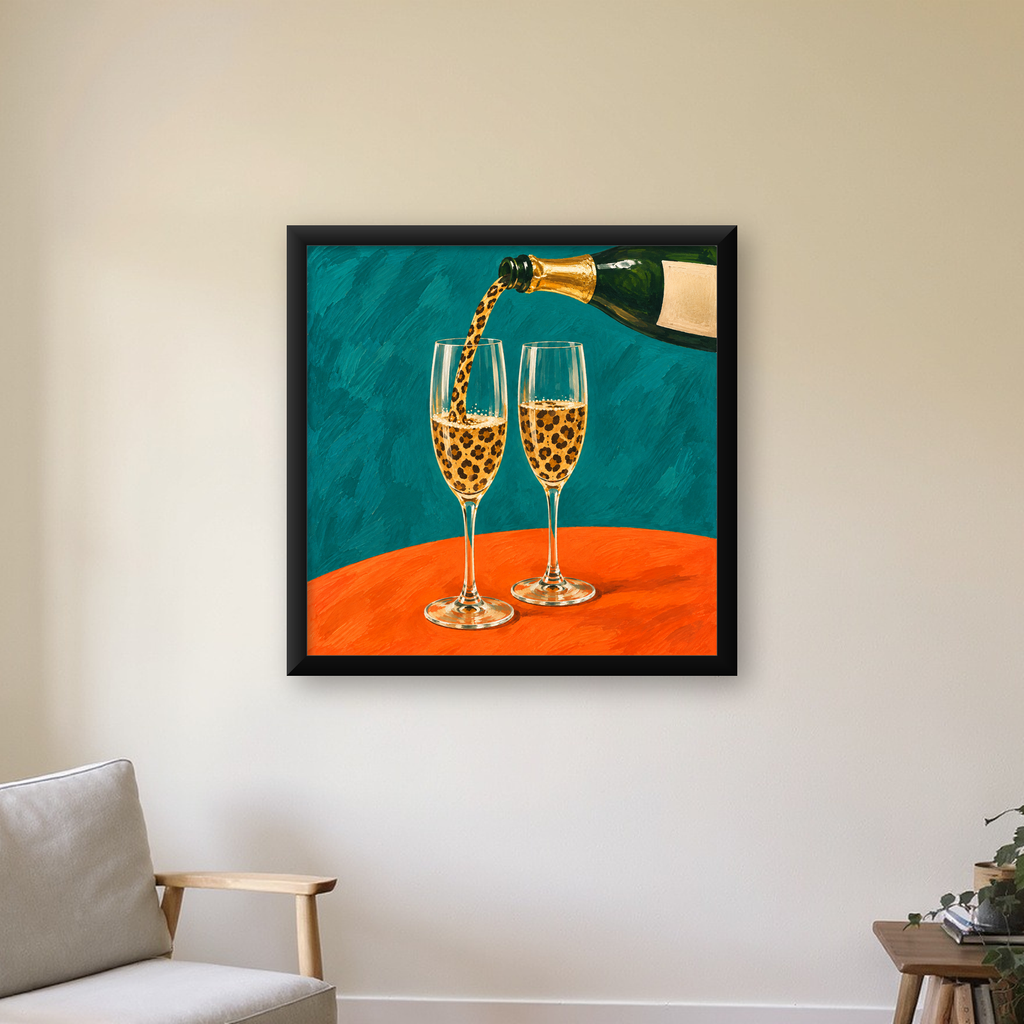 Leopar Desenli Şampanya Kadehleri Modern Poster Baskı — Kare baskı, çerçeveli hâliyle bir ev duvarında