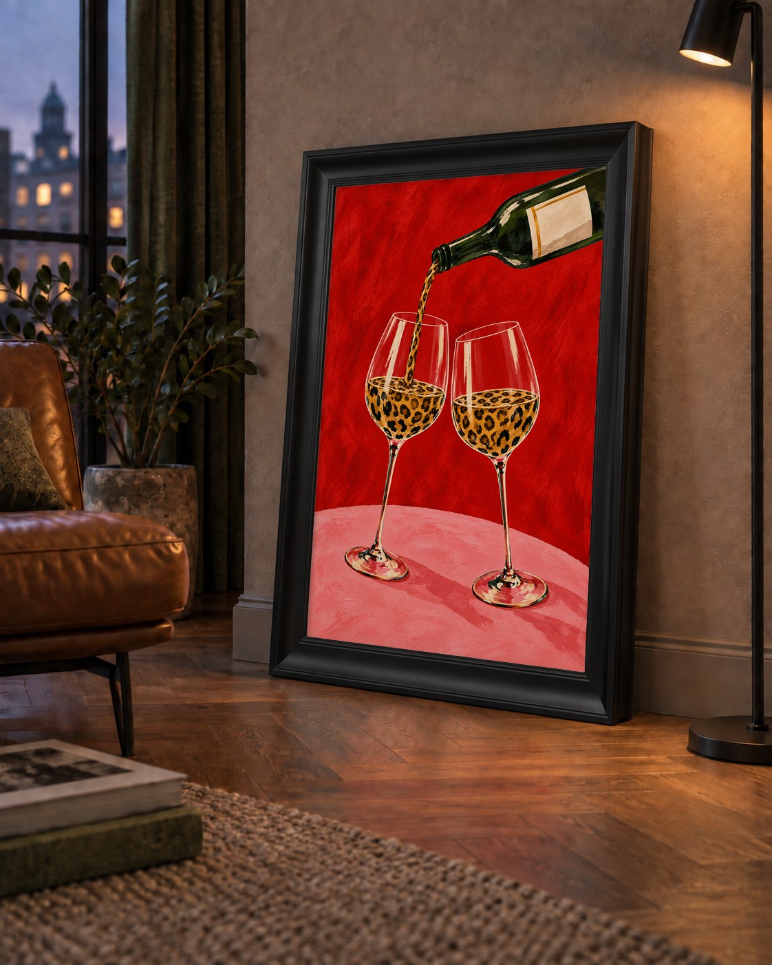 Leopar Desenli Şarap Bardakları Poster – Canlı El Boyaması Sanat — çerçeveli hâliyle bir ev duvarında