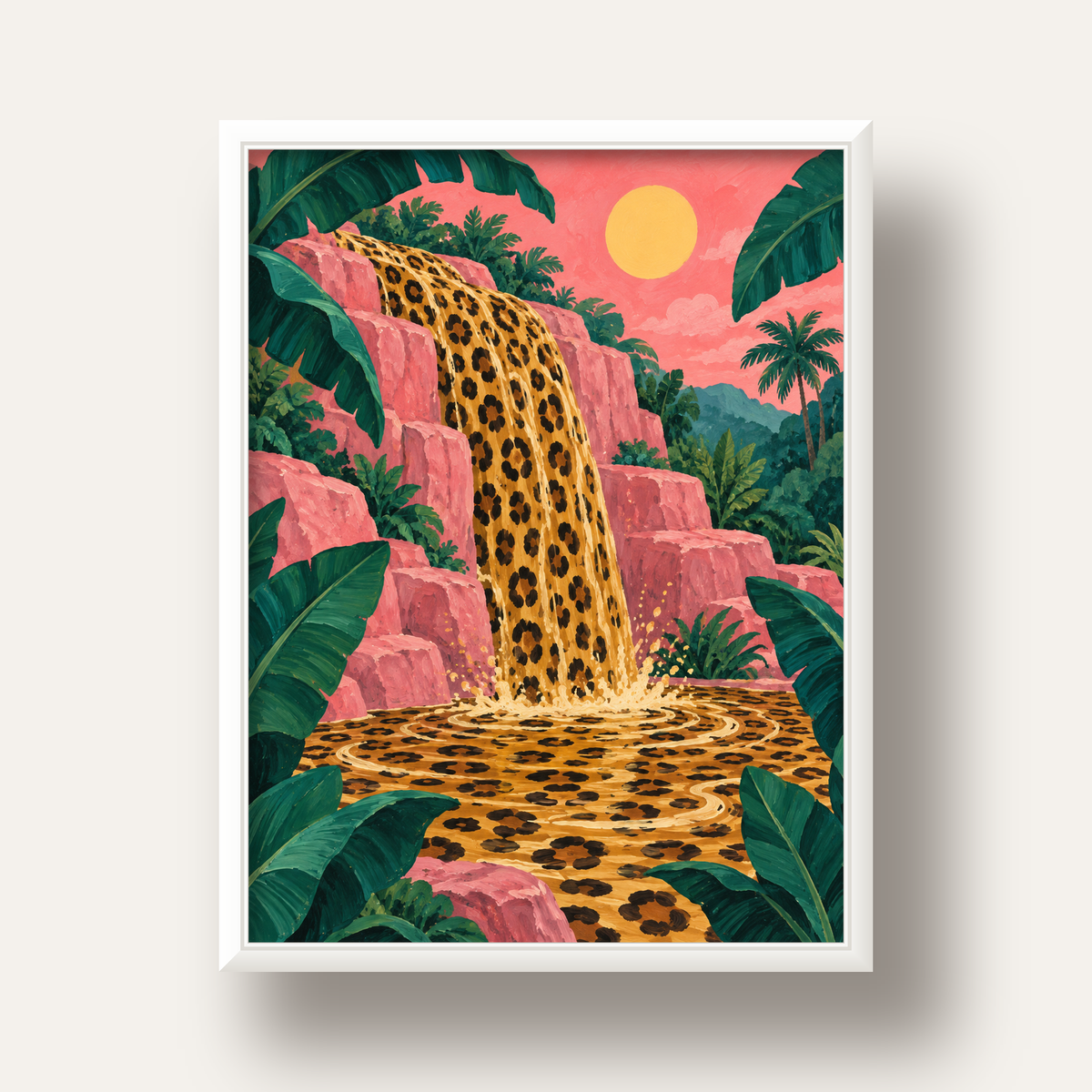 Leopar Desenli Şelale: Tropik Sanat Poster Baskısı — beyaz derin çerçeveli