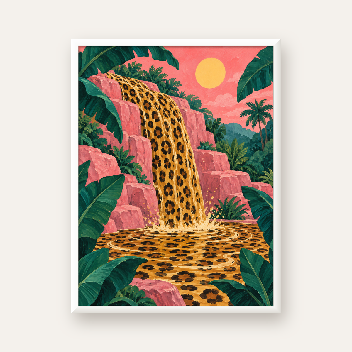Leopar Desenli Şelale: Tropik Sanat Poster Baskısı — beyaz çerçeveli dikey poster