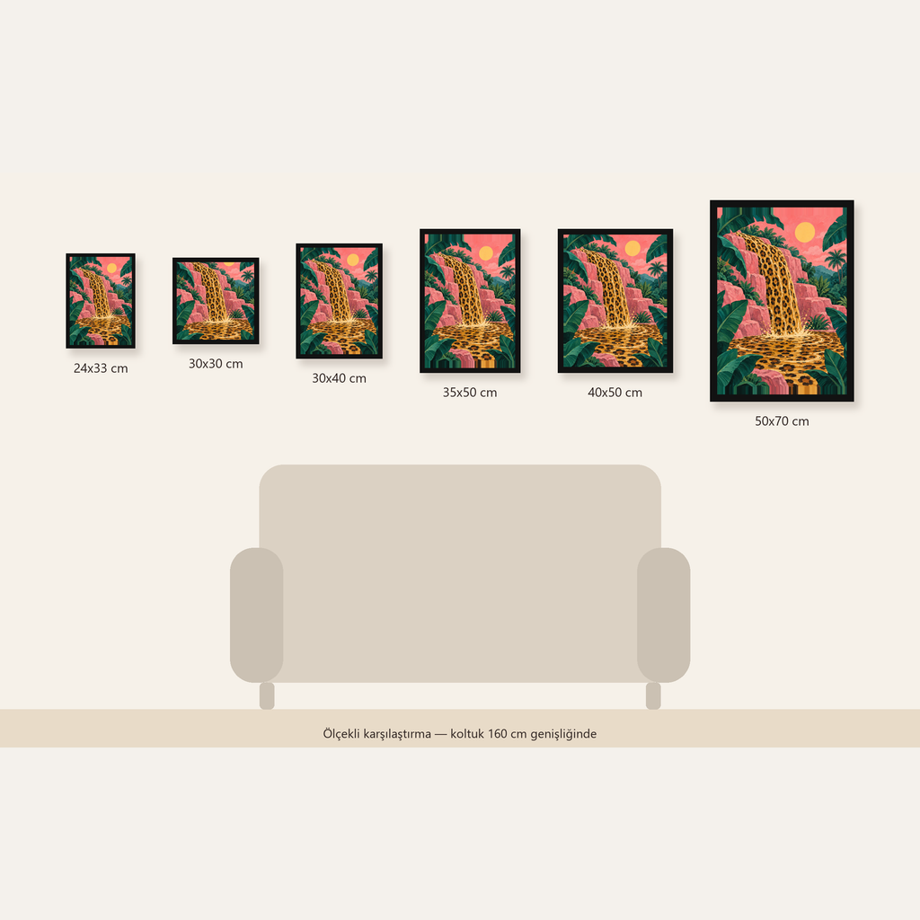 Leopar Desenli Şelale: Tropik Sanat Poster Baskısı — Dikey ölçülerinin karşılaştırması