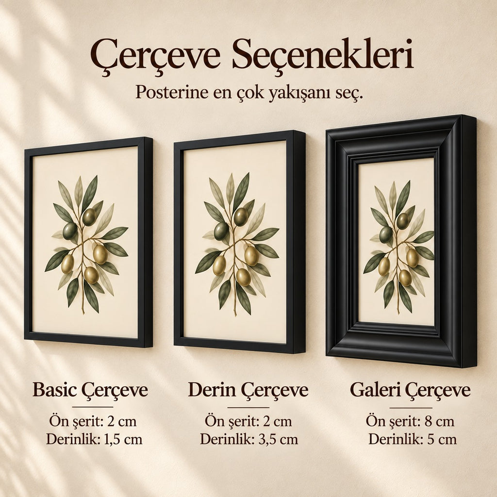Çerçeve seçenekleri: Basic (ön şerit 2 cm, derinlik 1,5 cm), Derin (ön şerit 2 cm, derinlik 3,5 cm), Galeri (ön şerit 8 cm, derinlik 5 cm)