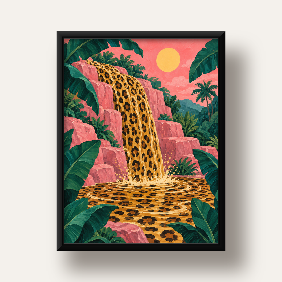 Leopar Desenli Şelale: Tropik Sanat Poster Baskısı — siyah derin çerçeveli