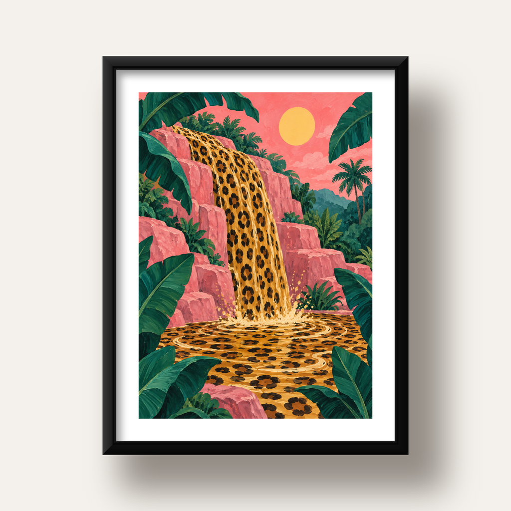 Leopar Desenli Şelale: Tropik Sanat Poster Baskısı — siyah derin çerçeveli paspartulu